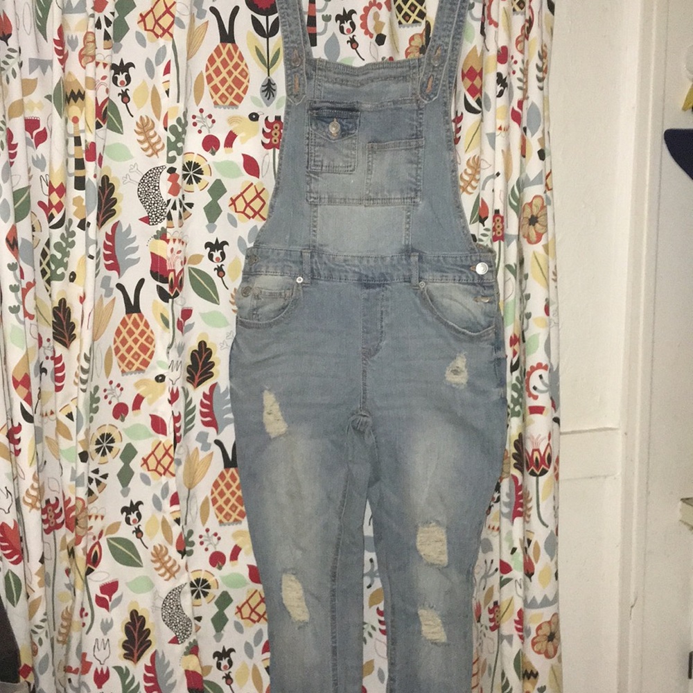 Blue Jean Overalls With Ripped Patches